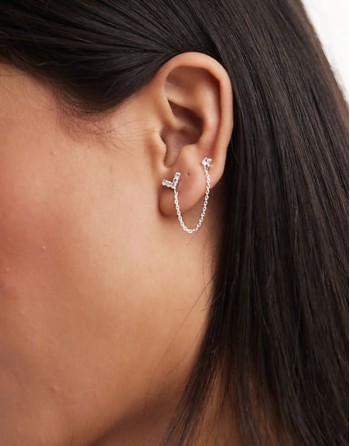 gemset V earrings with chain and gem in sterling silver