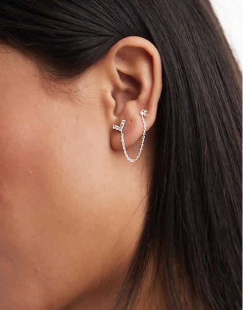 gemset V earrings with chain and gem in sterling silver