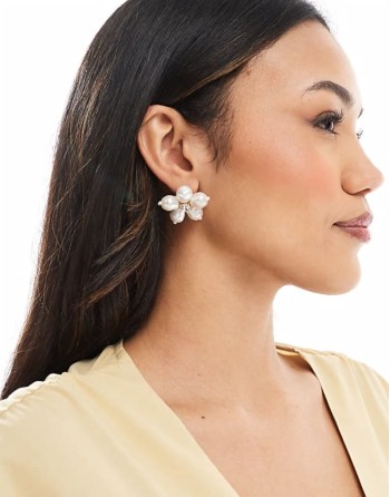 pearl flower statement stud earrings in white