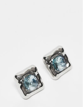 unisex square set studs with blue stone in silver