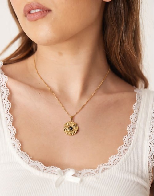 Lost Souls stainless steel 18ct gold plated molten coin pendant necklace with black stone