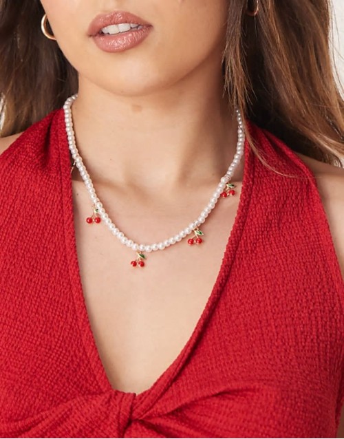 pearl necklace with cherry charms in white