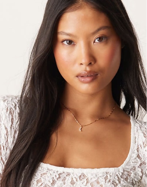 crystal baguette moon charm necklace in 18k gold plated