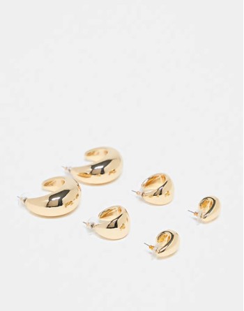 pack of 3 hoop earrings with wide sleek design in gold tone