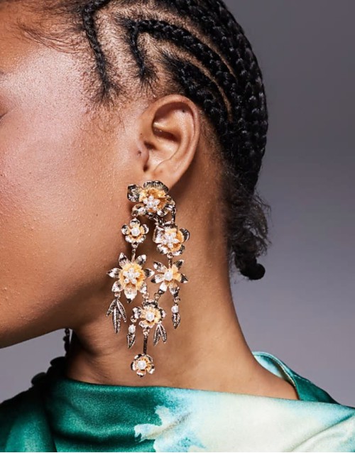 geemmaa statement flower drop earrings in gold