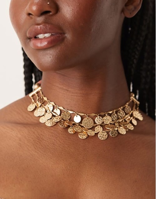 multirow coin pendant necklace with ribbon detail in pink