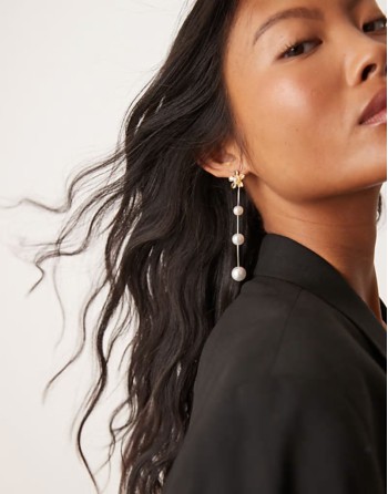 flower stud earrings with long pearl drop in gold
