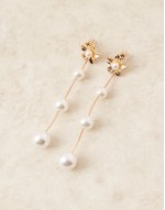flower stud earrings with long pearl drop in gold
