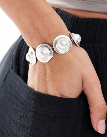 chain bracelet with faux pearl coin detail in brushed silver tone