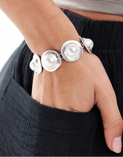 chain bracelet with faux pearl coin detail in brushed silver tone